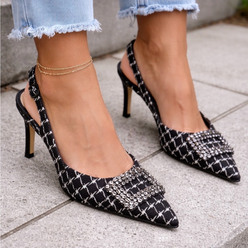 Zara Black and White Checkered Slingback Heels